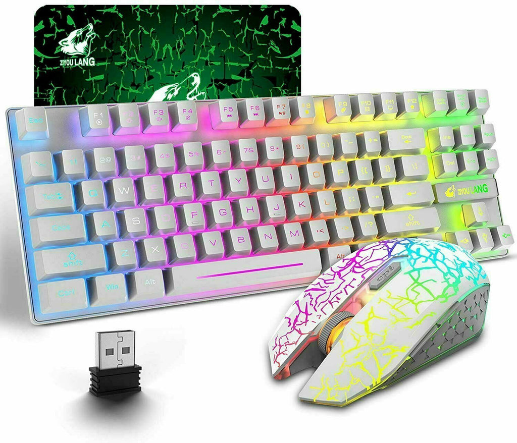 Wireless Mechanical Gaming Keyboard and Mouse Combo, 87 Key RGB, Anti-Ghosting, PS4 Compatible, White