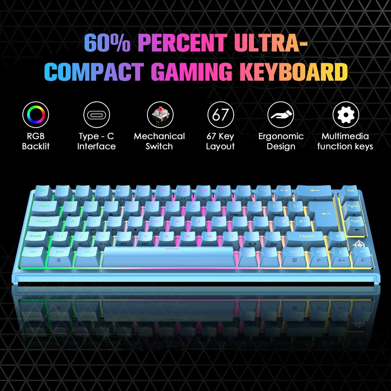67-Key Mechanical Gaming Keyboard, RGB Backlight, Wired USB, Blue Switch, Red Switch