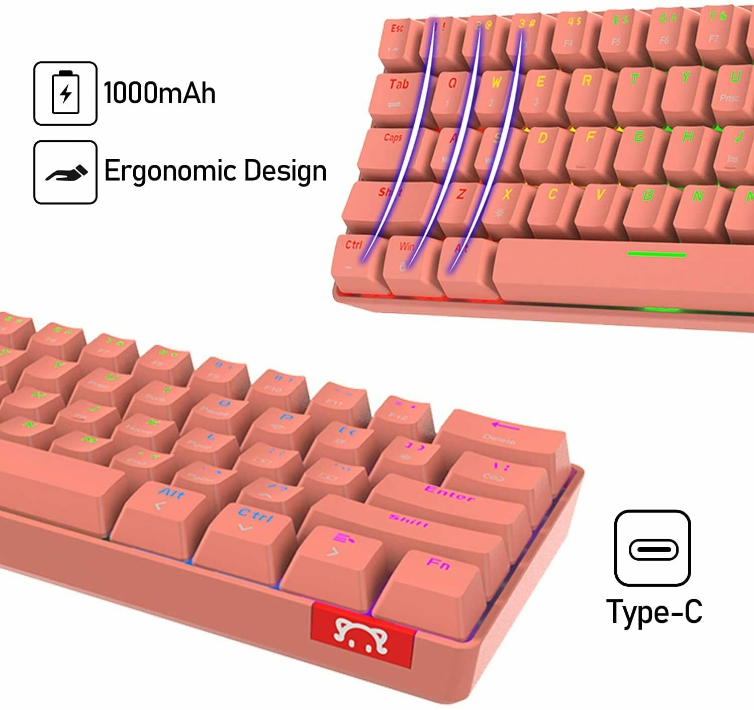 Kwzki Electronics Compact Mechanical Gaming Keyboard, USB and Bluetooth Wireless, RGB Backlit