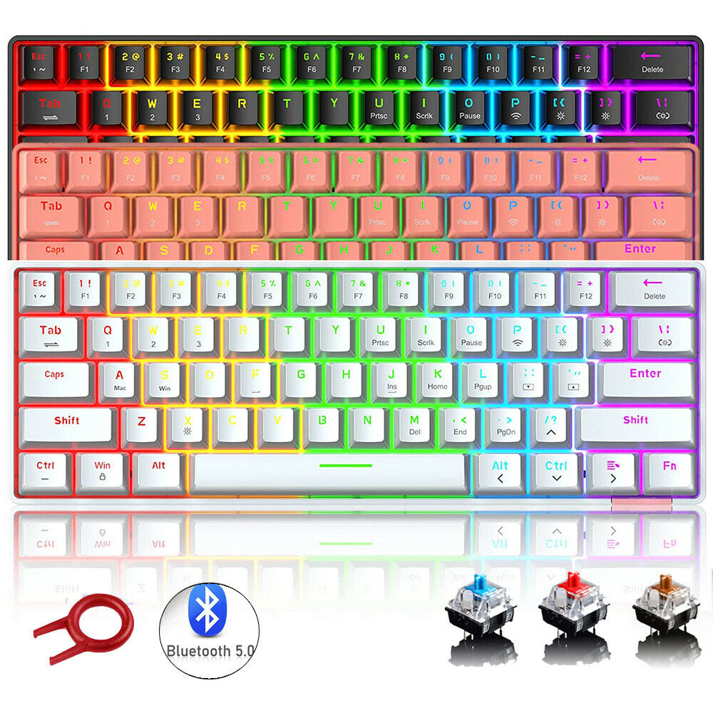 Kwzki Electronics Compact Mechanical Gaming Keyboard, USB and Bluetooth Wireless, RGB Backlit