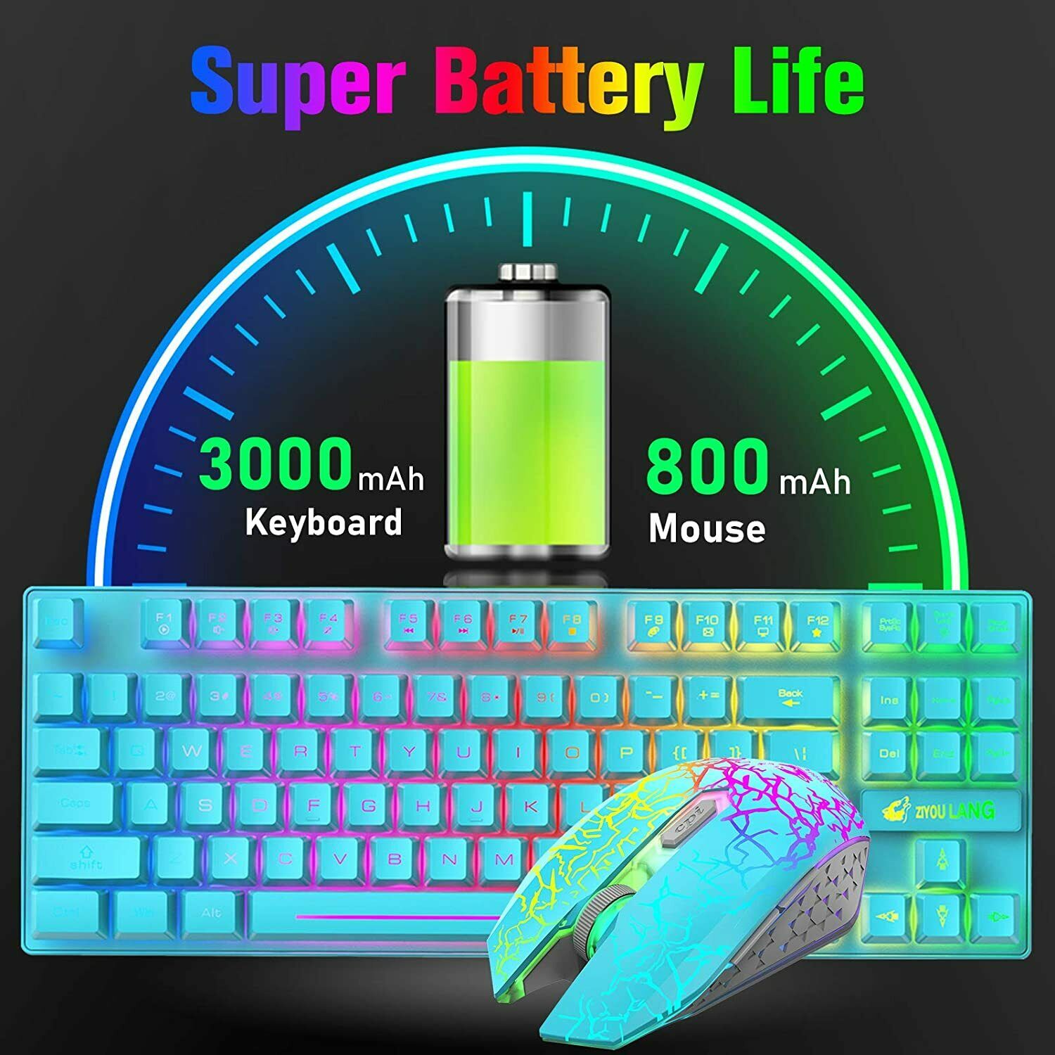 Kwzki Electronics 87 Key Wireless Mechanical Gaming Keyboard and Mouse Combo, RGB, Anti-Ghosting, PS4 Compatible